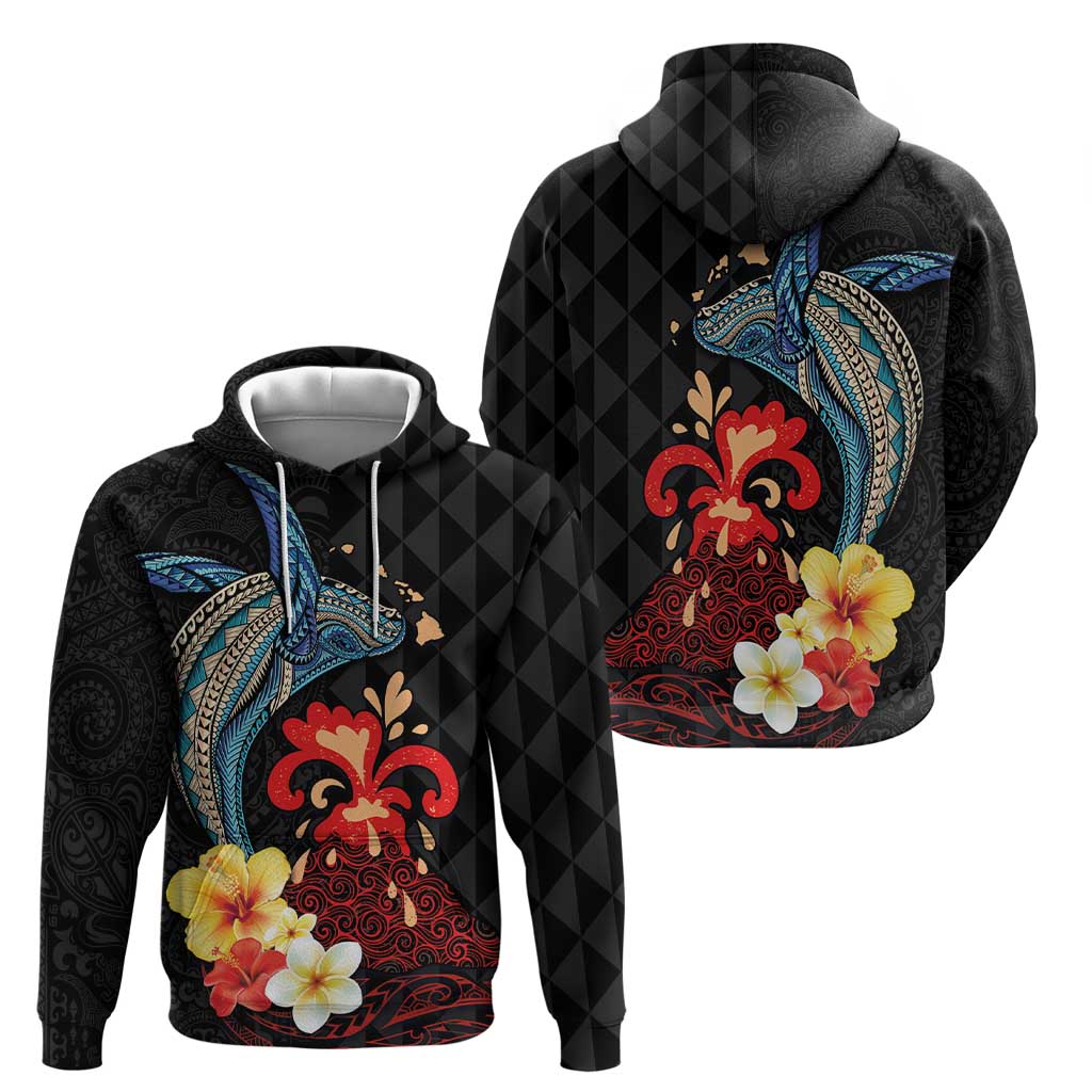 Hawaiian Whale and Volcanic Eruption Zip Hoodie Hibiscus and Kakau Pattern