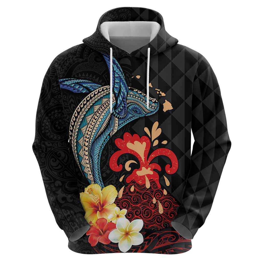 Hawaiian Whale and Volcanic Eruption Zip Hoodie Hibiscus and Kakau Pattern