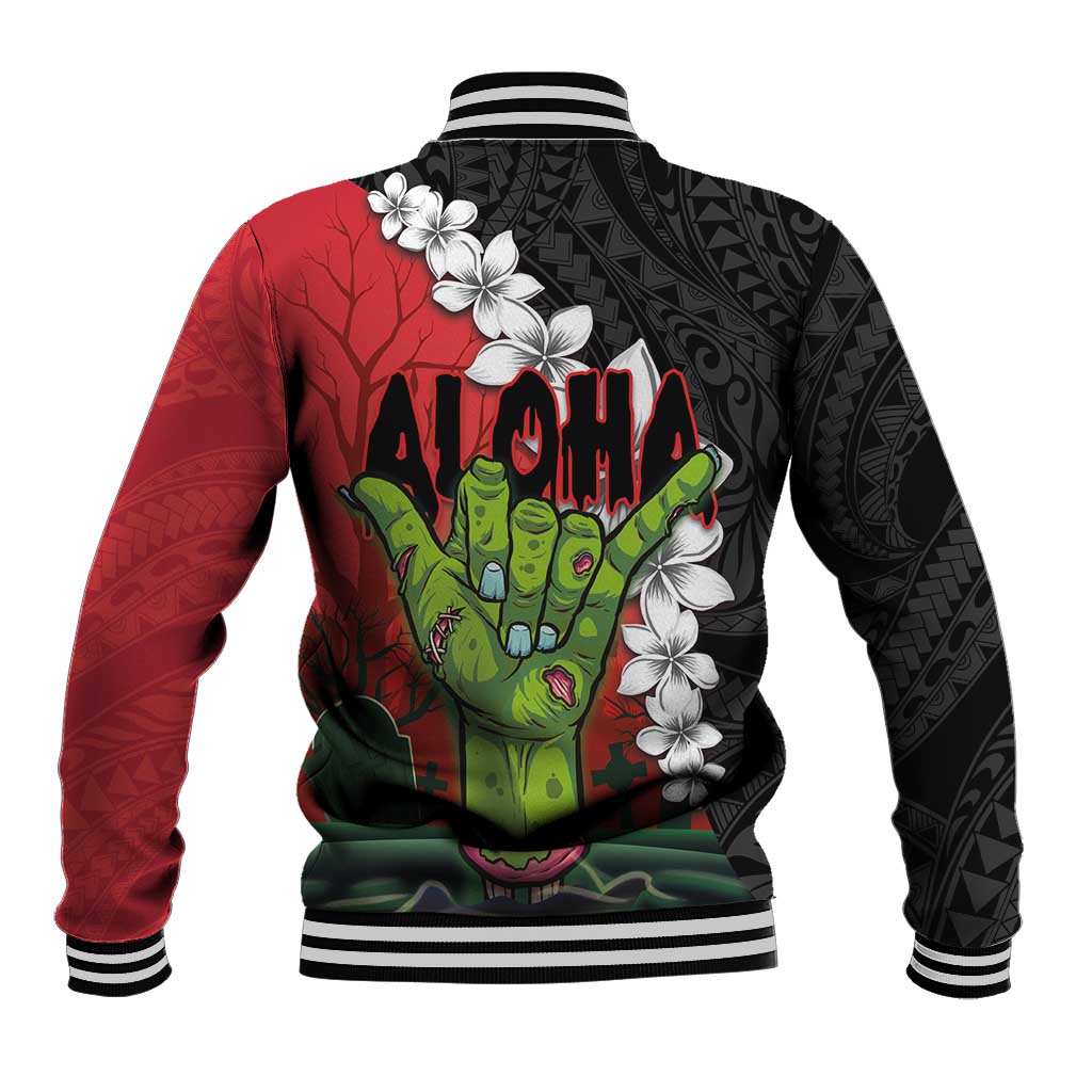Hawaiian Halloween Baseball Jacket Horror Shaka Hand with Plumeria and Polynesian Tattoo Blood Color LT03 - Polynesian Pride