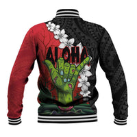 Hawaiian Halloween Baseball Jacket Horror Shaka Hand with Plumeria and Polynesian Tattoo Blood Color LT03 - Polynesian Pride