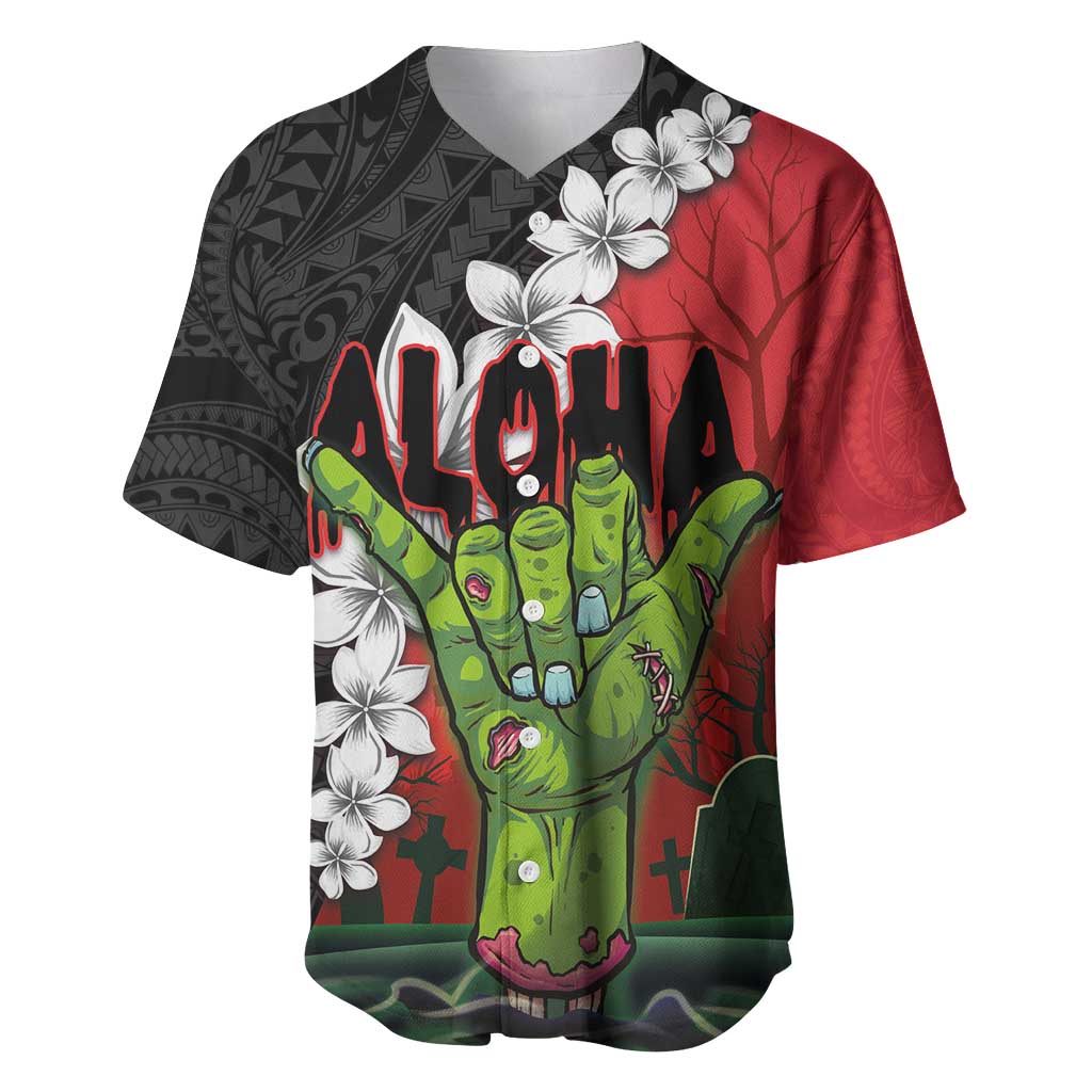 Hawaiian Halloween Baseball Jersey Horror Shaka Hand with Plumeria and Polynesian Tattoo Blood Color