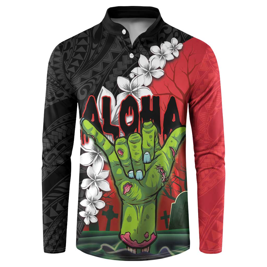 Hawaiian Halloween Button Sweatshirt Horror Shaka Hand with Plumeria and Polynesian Tattoo Blood Color LT03 Red - Polynesian Pride