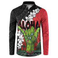 Hawaiian Halloween Button Sweatshirt Horror Shaka Hand with Plumeria and Polynesian Tattoo Blood Color LT03 Red - Polynesian Pride