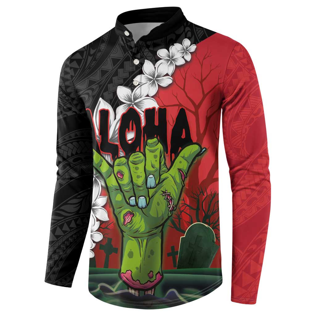 Hawaiian Halloween Button Sweatshirt Horror Shaka Hand with Plumeria and Polynesian Tattoo Blood Color LT03 - Polynesian Pride