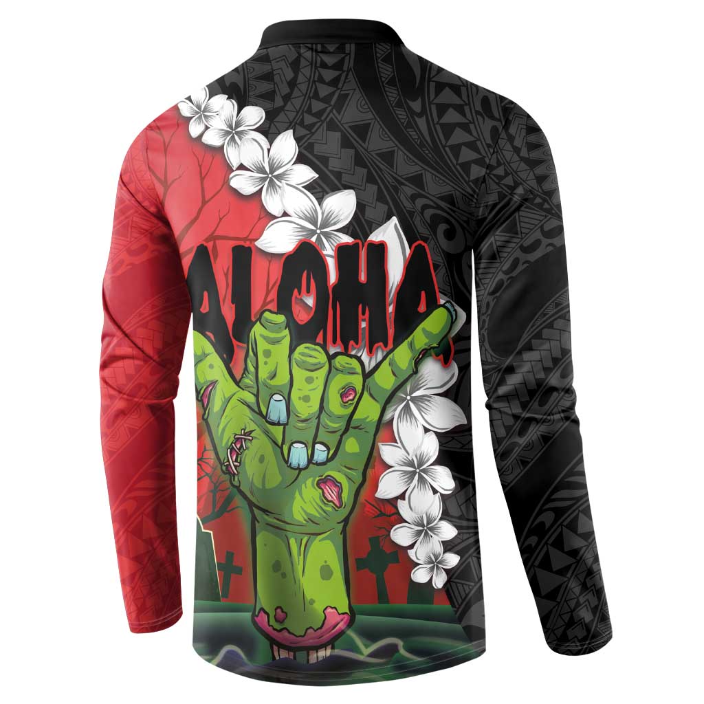 Hawaiian Halloween Button Sweatshirt Horror Shaka Hand with Plumeria and Polynesian Tattoo Blood Color LT03 - Polynesian Pride