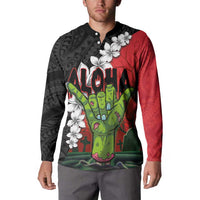 Hawaiian Halloween Button Sweatshirt Horror Shaka Hand with Plumeria and Polynesian Tattoo Blood Color LT03 - Polynesian Pride
