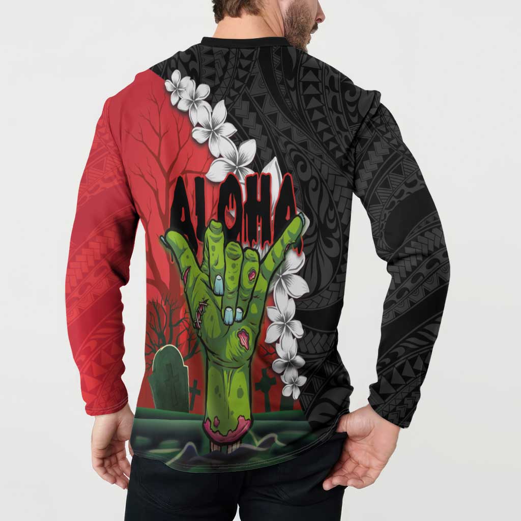 Hawaiian Halloween Button Sweatshirt Horror Shaka Hand with Plumeria and Polynesian Tattoo Blood Color LT03 - Polynesian Pride
