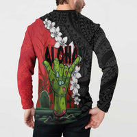 Hawaiian Halloween Button Sweatshirt Horror Shaka Hand with Plumeria and Polynesian Tattoo Blood Color LT03 - Polynesian Pride