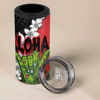 Hawaiian Halloween 4 in 1 Can Cooler Tumbler Horror Shaka Hand with Plumeria and Polynesian Tattoo Blood Color