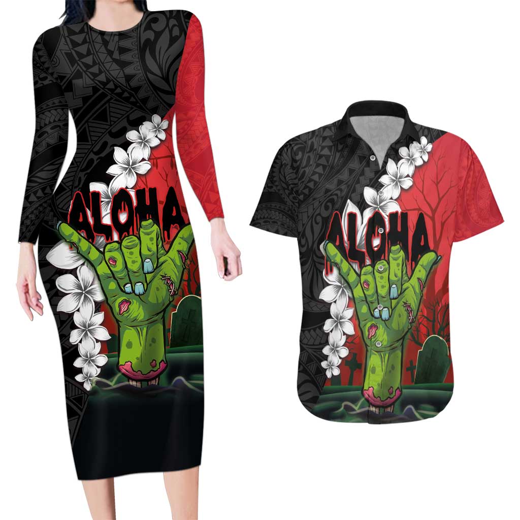 Hawaiian Halloween Couples Matching Long Sleeve Bodycon Dress and Hawaiian Shirt Horror Shaka Hand with Plumeria and Polynesian Tattoo Blood Color