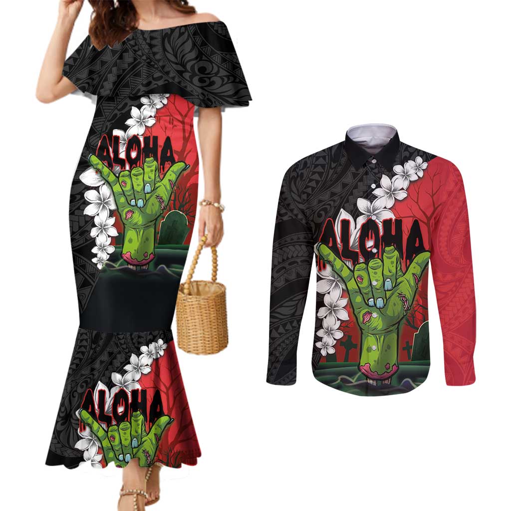 Hawaiian Halloween Couples Matching Mermaid Dress and Long Sleeve Button Shirt Horror Shaka Hand with Plumeria and Polynesian Tattoo Blood Color
