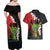 Hawaiian Halloween Couples Matching Off Shoulder Maxi Dress and Hawaiian Shirt Horror Shaka Hand with Plumeria and Polynesian Tattoo Blood Color