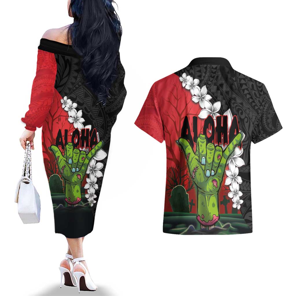 Hawaiian Halloween Couples Matching Off The Shoulder Long Sleeve Dress and Hawaiian Shirt Horror Shaka Hand with Plumeria and Polynesian Tattoo Blood Color