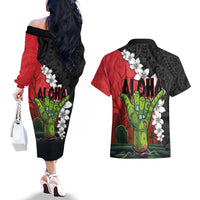 Hawaiian Halloween Couples Matching Off The Shoulder Long Sleeve Dress and Hawaiian Shirt Horror Shaka Hand with Plumeria and Polynesian Tattoo Blood Color