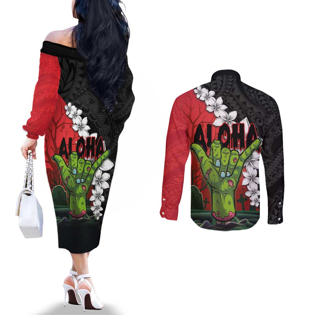 Hawaiian Halloween Couples Matching Off The Shoulder Long Sleeve Dress and Long Sleeve Button Shirt Horror Shaka Hand with Plumeria and Polynesian Tattoo Blood Color