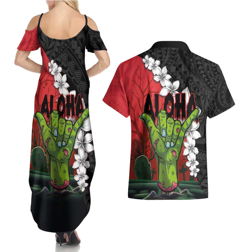 Hawaiian Halloween Couples Matching Summer Maxi Dress and Hawaiian Shirt Horror Shaka Hand with Plumeria and Polynesian Tattoo Blood Color