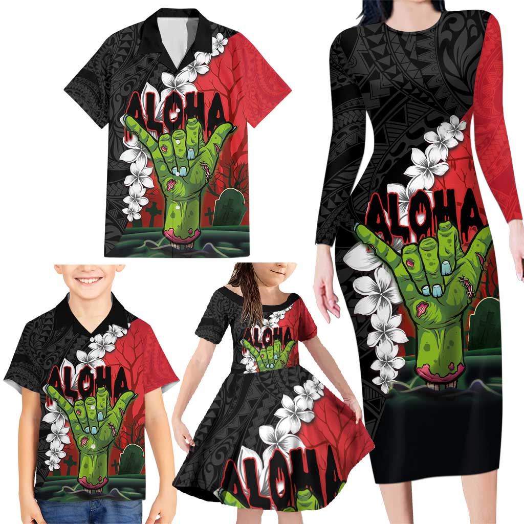 Hawaiian Halloween Family Matching Long Sleeve Bodycon Dress and Hawaiian Shirt Horror Shaka Hand with Plumeria and Polynesian Tattoo Blood Color