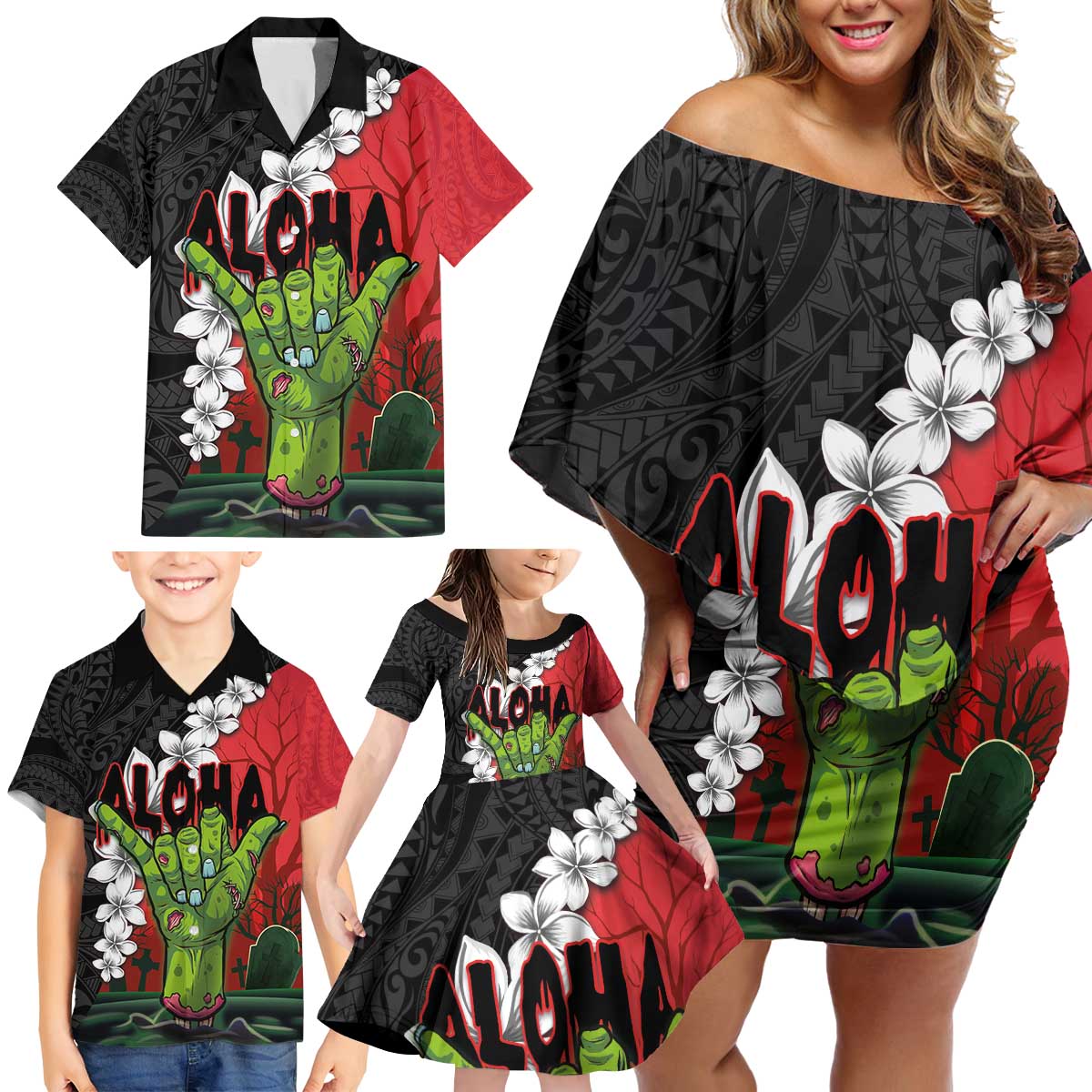 Hawaiian Halloween Family Matching Off Shoulder Short Dress and Hawaiian Shirt Horror Shaka Hand with Plumeria and Polynesian Tattoo Blood Color