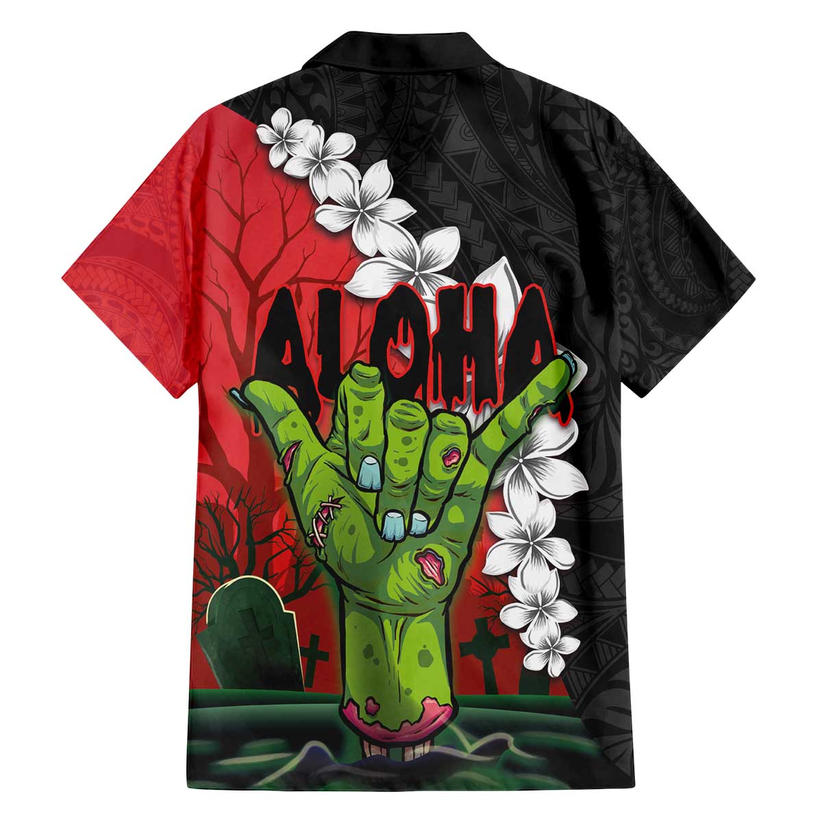 Hawaiian Halloween Family Matching Puletasi and Hawaiian Shirt Horror Shaka Hand with Plumeria and Polynesian Tattoo Blood Color