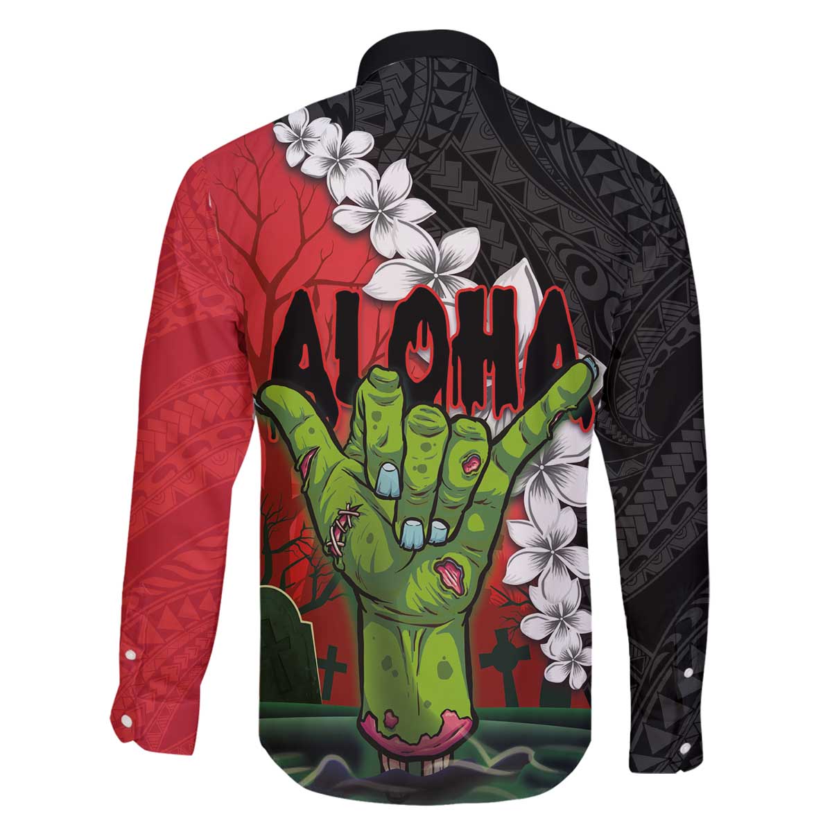 Hawaiian Halloween Family Matching Puletasi and Hawaiian Shirt Horror Shaka Hand with Plumeria and Polynesian Tattoo Blood Color