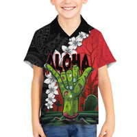Hawaiian Halloween Family Matching Puletasi and Hawaiian Shirt Horror Shaka Hand with Plumeria and Polynesian Tattoo Blood Color