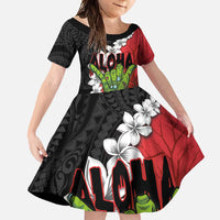 Hawaiian Halloween Family Matching Summer Maxi Dress and Hawaiian Shirt Horror Shaka Hand with Plumeria and Polynesian Tattoo Blood Color