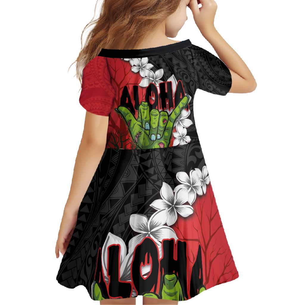Hawaiian Halloween Family Matching Summer Maxi Dress and Hawaiian Shirt Horror Shaka Hand with Plumeria and Polynesian Tattoo Blood Color