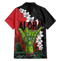 Hawaiian Halloween Family Matching Summer Maxi Dress and Hawaiian Shirt Horror Shaka Hand with Plumeria and Polynesian Tattoo Blood Color