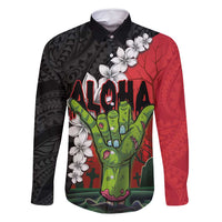 Hawaiian Halloween Family Matching Summer Maxi Dress and Hawaiian Shirt Horror Shaka Hand with Plumeria and Polynesian Tattoo Blood Color