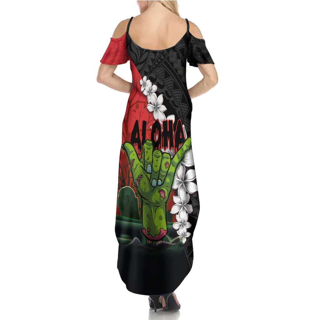Hawaiian Halloween Family Matching Summer Maxi Dress and Hawaiian Shirt Horror Shaka Hand with Plumeria and Polynesian Tattoo Blood Color