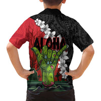 Hawaiian Halloween Family Matching Tank Maxi Dress and Hawaiian Shirt Horror Shaka Hand with Plumeria and Polynesian Tattoo Blood Color