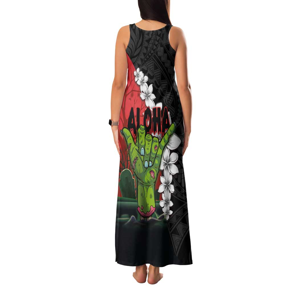 Hawaiian Halloween Family Matching Tank Maxi Dress and Hawaiian Shirt Horror Shaka Hand with Plumeria and Polynesian Tattoo Blood Color