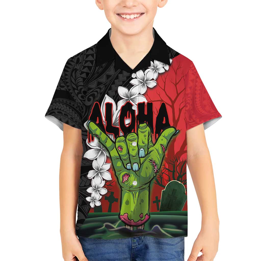 Hawaiian Halloween Family Matching Tank Maxi Dress and Hawaiian Shirt Horror Shaka Hand with Plumeria and Polynesian Tattoo Blood Color