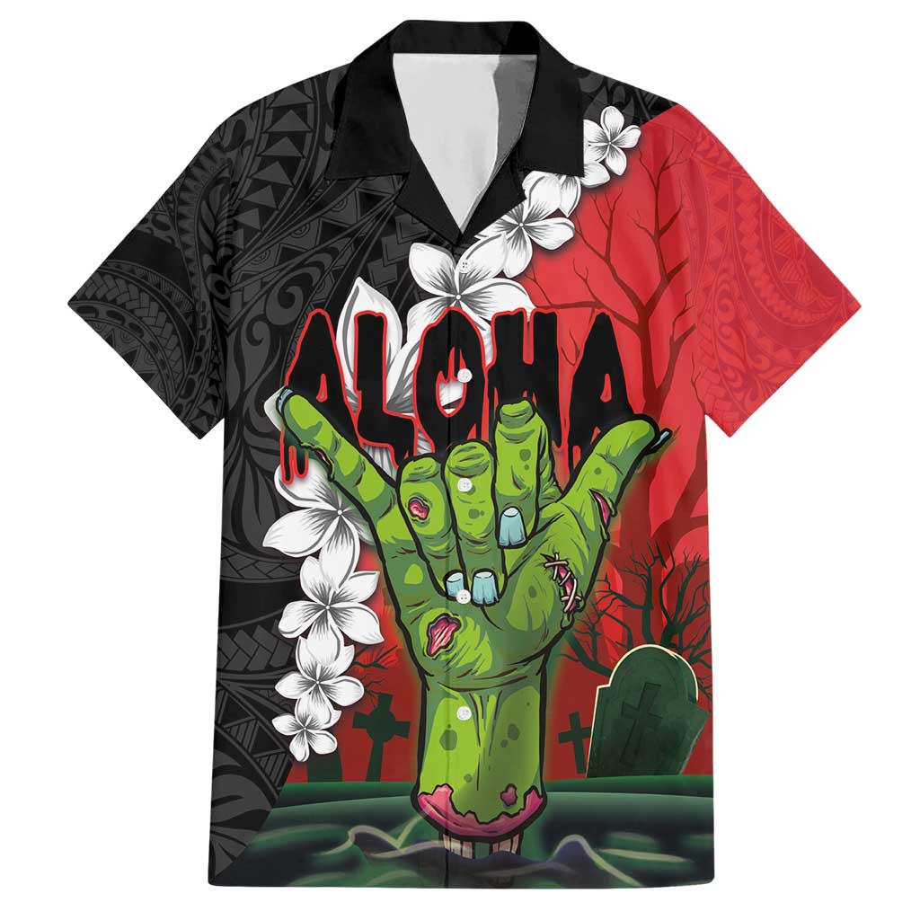 Hawaiian Halloween Hawaiian Shirt Horror Shaka Hand with Plumeria and Polynesian Tattoo Blood Color