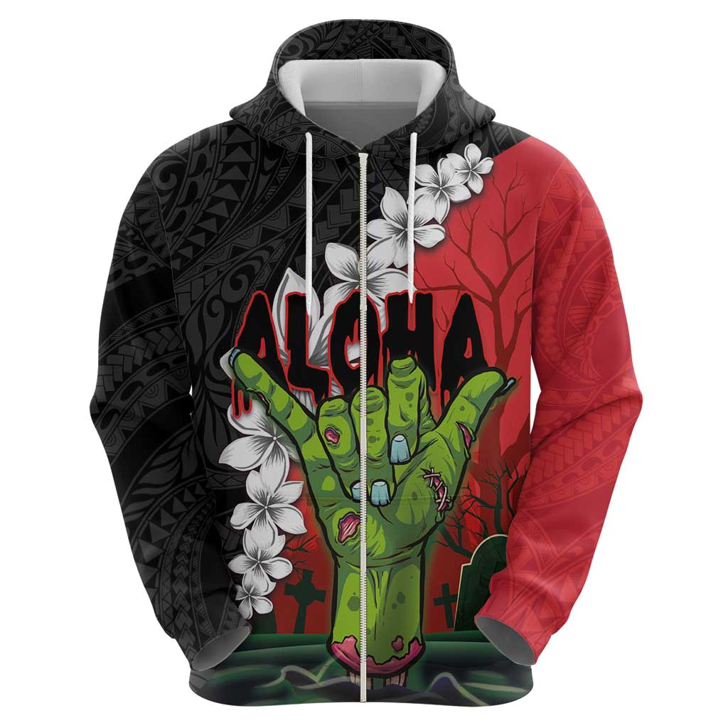Hawaiian Halloween Hoodie Horror Shaka Hand with Plumeria and Polynesian Tattoo Blood Color