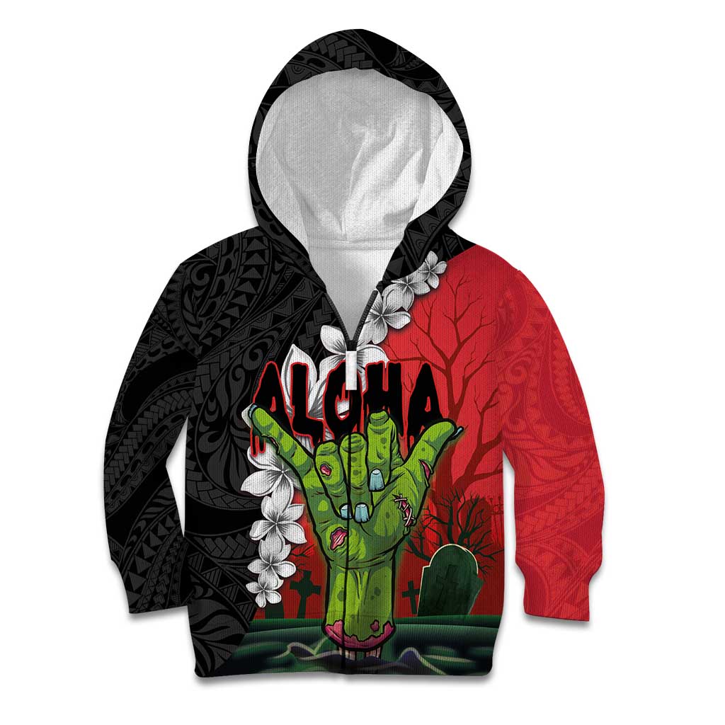 Hawaiian Halloween Kid Hoodie Horror Shaka Hand with Plumeria and Polynesian Tattoo Blood Color