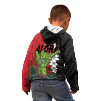 Hawaiian Halloween Kid Hoodie Horror Shaka Hand with Plumeria and Polynesian Tattoo Blood Color