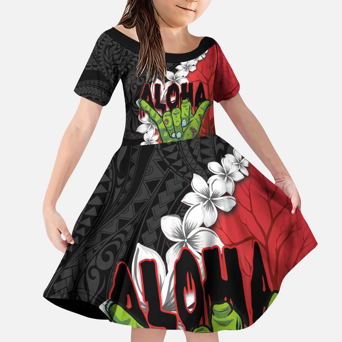 Hawaiian Halloween Kid Short Sleeve Dress Horror Shaka Hand with Plumeria and Polynesian Tattoo Blood Color