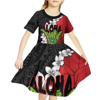 Hawaiian Halloween Kid Short Sleeve Dress Horror Shaka Hand with Plumeria and Polynesian Tattoo Blood Color