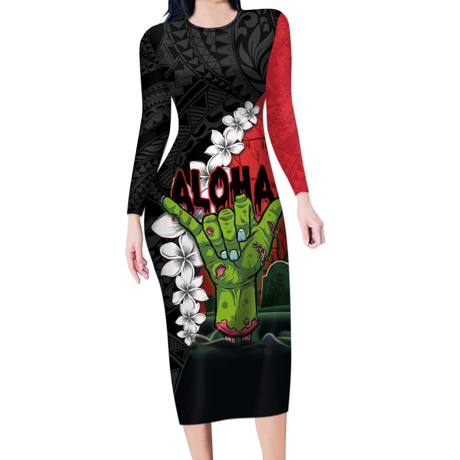 Hawaiian Halloween Long Sleeve Bodycon Dress Horror Shaka Hand with Plumeria and Polynesian Tattoo Blood Color