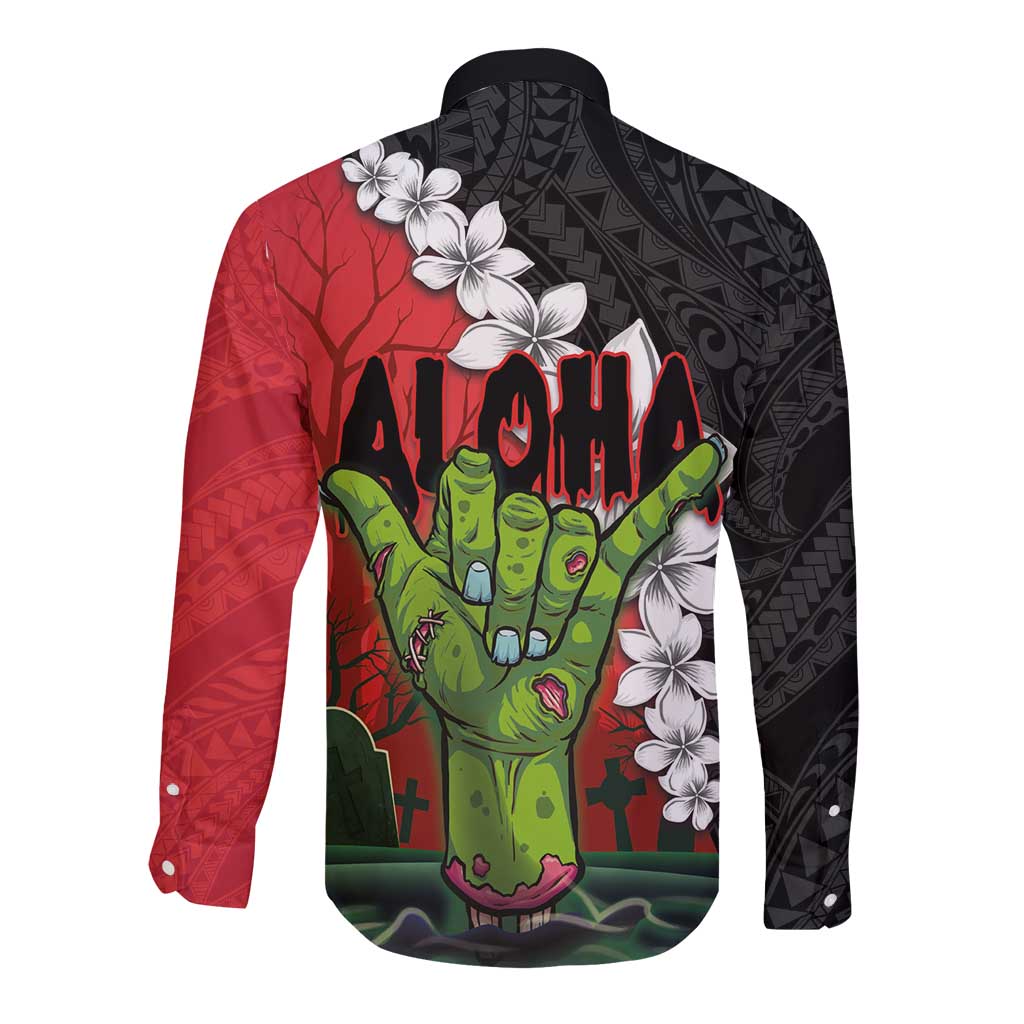 Hawaiian Halloween Long Sleeve Button Shirt Horror Shaka Hand with Plumeria and Polynesian Tattoo Blood Color