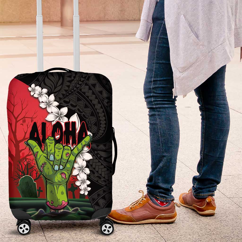 Hawaiian Halloween Luggage Cover Horror Shaka Hand with Plumeria and Polynesian Tattoo Blood Color