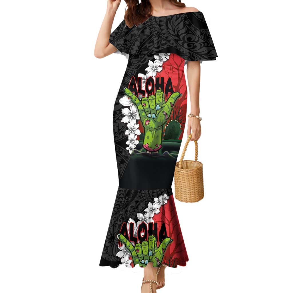 Hawaiian Halloween Mermaid Dress Horror Shaka Hand with Plumeria and Polynesian Tattoo Blood Color