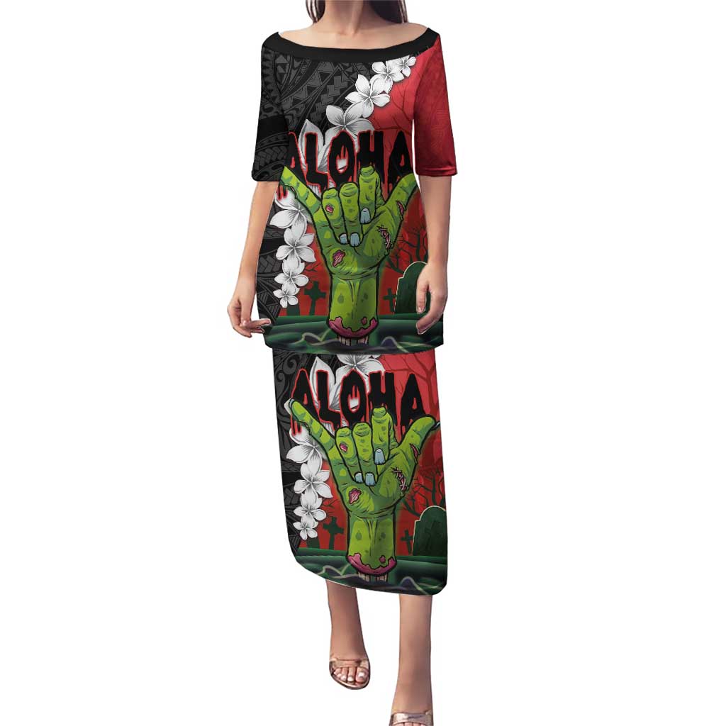 Hawaiian Halloween Puletasi Horror Shaka Hand with Plumeria and Polynesian Tattoo Blood Color LT03 Long Dress Red - Polynesian Pride