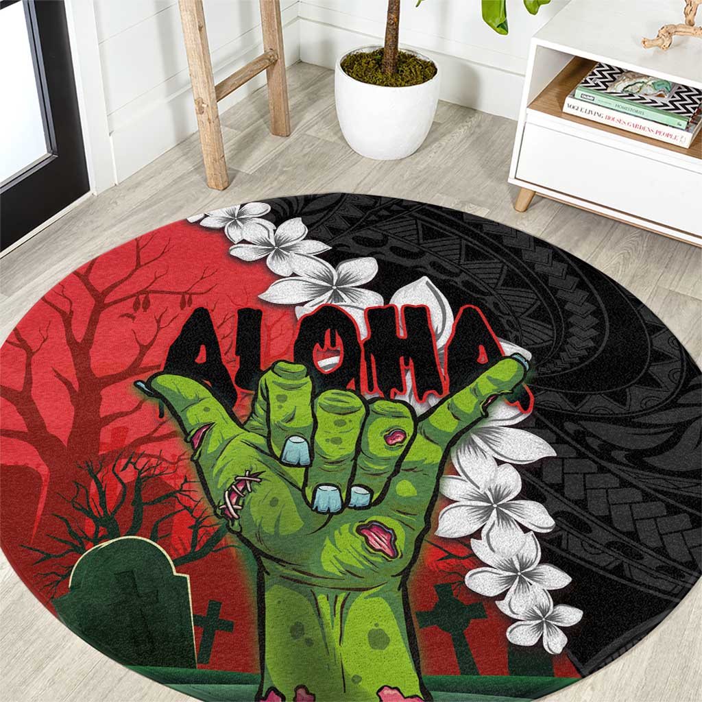 Hawaiian Halloween Round Carpet Horror Shaka Hand with Plumeria and Polynesian Tattoo Blood Color