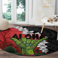 Hawaiian Halloween Round Carpet Horror Shaka Hand with Plumeria and Polynesian Tattoo Blood Color