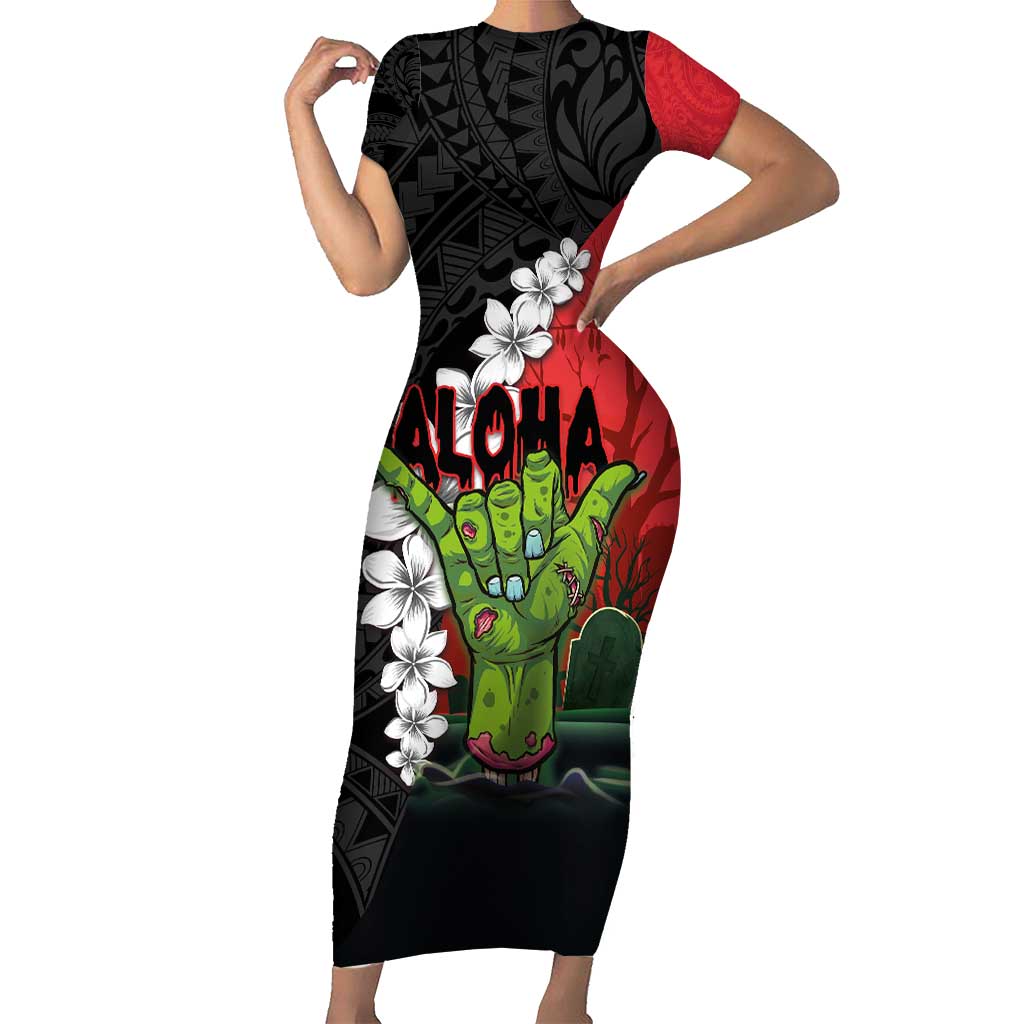 Hawaiian Halloween Short Sleeve Bodycon Dress Horror Shaka Hand with Plumeria and Polynesian Tattoo Blood Color