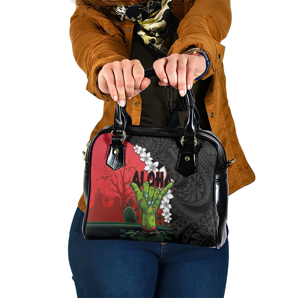 Hawaiian Halloween Shoulder Handbag Horror Shaka Hand with Plumeria and Polynesian Tattoo Blood Color