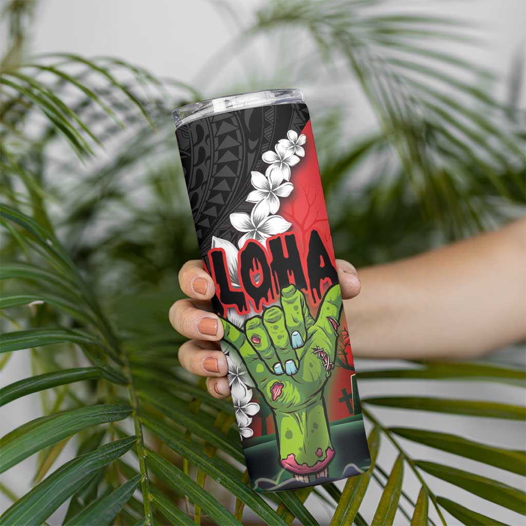 Hawaiian Halloween Skinny Tumbler Horror Shaka Hand with Plumeria and Polynesian Tattoo Blood Color