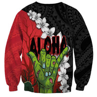 Hawaiian Halloween Sweatshirt Horror Shaka Hand with Plumeria and Polynesian Tattoo Blood Color